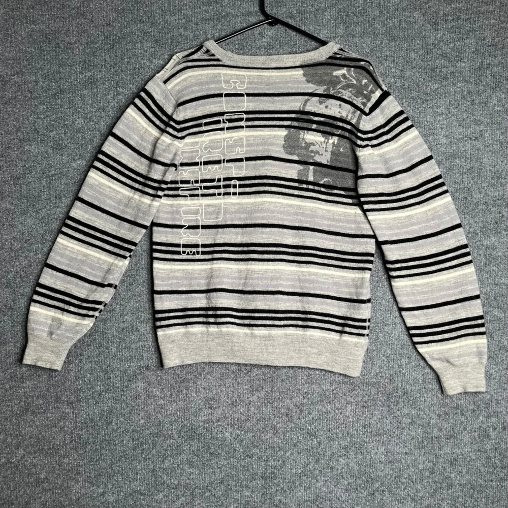 Artful Dodger Mens Grey Striped 100% Wool V-Neck Button Front Cardigan Sweater L